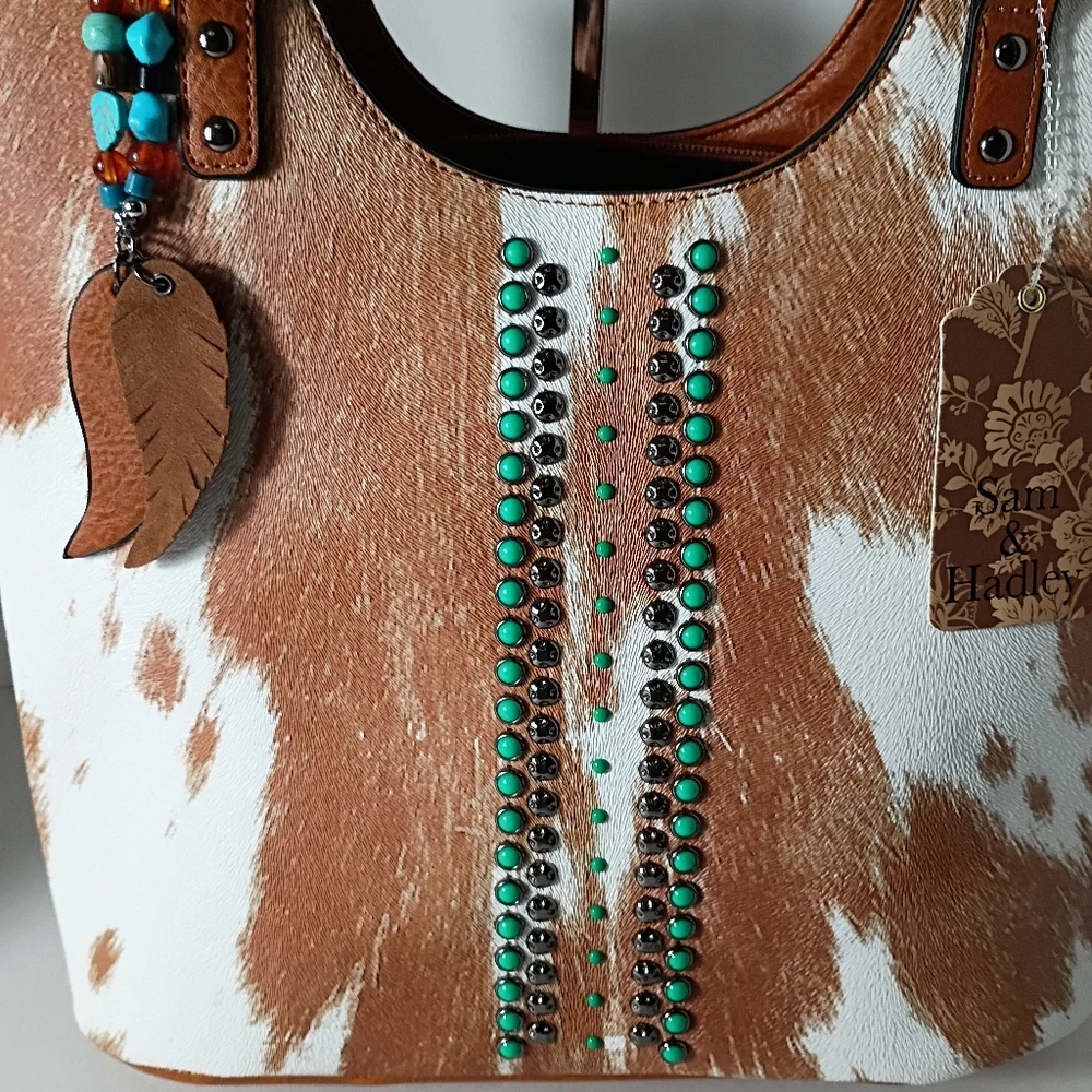 Sam & Hadley Women’s Light Brown & White Cowhide Pattern Tote wTurquoise Accents - Picture 4 of 10